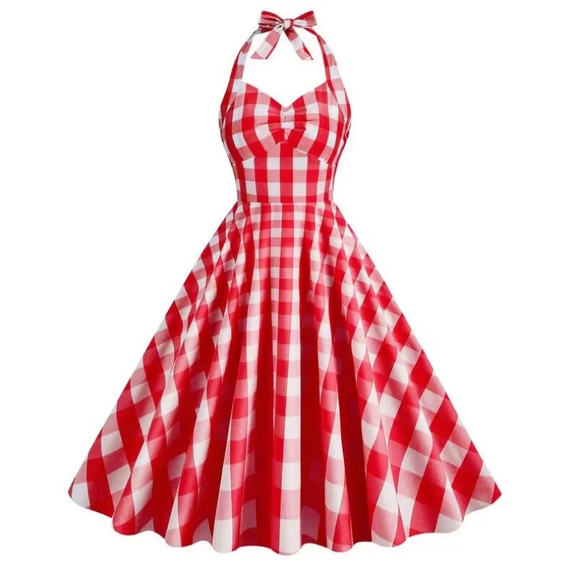 Hepburn Style Age Sense Elegant Halter Lace-up Small V Neck Barbie Pink Printed Checks Large Swing Dress Female Dress